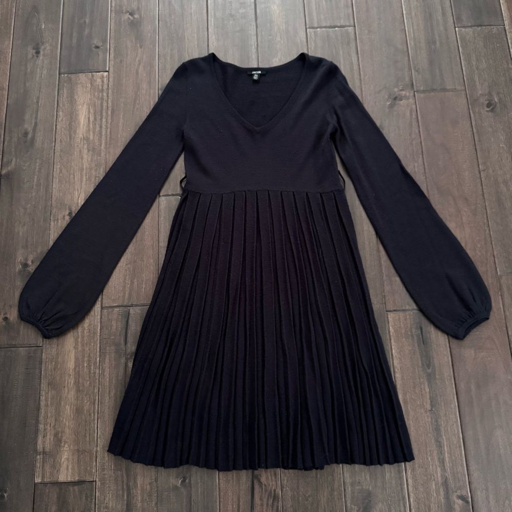 JACOB Black V-Neck Balloon Sleeve Pleated Sweater Dress P/S